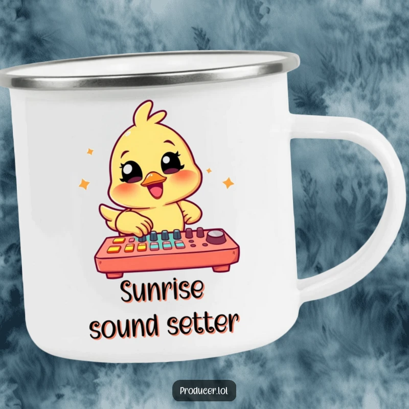 Funny Chick Producer Camping Mug: A cheerful chick tapping on a colorful mixing board, ideal for outdoor music sessions.