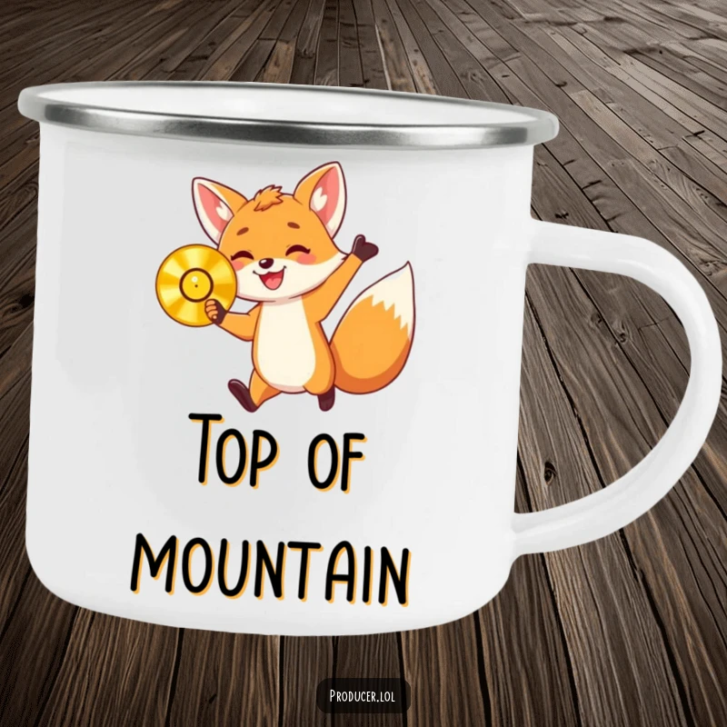 Funny camping mug showcasing an energetic fox cub holding a golden record and jumping with delight, ideal for outdoor drinks with a humorous, celebratory vibe.