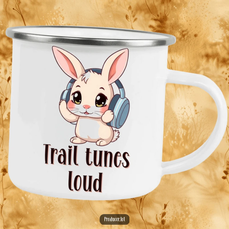 Funny curious rabbit with wide eyes adjusting large headphones, a rugged and humorous enamel mug for camping trips.