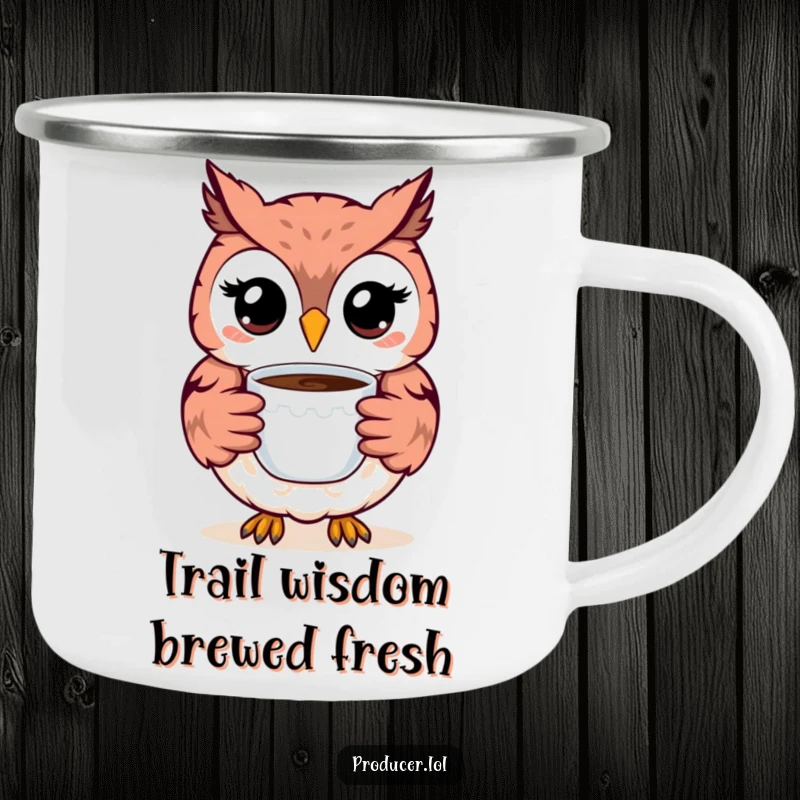 Funny Owl Camping Mug: A sturdy enamel mug featuring a happy owl with a wide smile, offering coffee for your wilderness adventures.