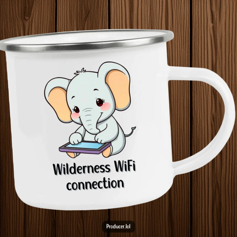Funny Elephant Camping Mug: A happy elephant enthusiastically uses a tablet, designed for outdoor enjoyment and hydration.