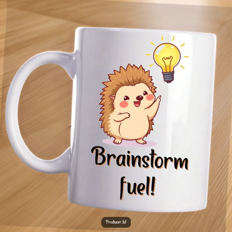 Funny mug with a happy hedgehog proudly pointing at a beaming lightbulb, symbolizing a funny moment of inspiration and intelligence.
