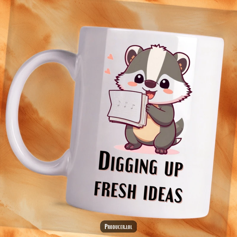 Funny Badger Producer Mug: A playful badger excitedly holding a stack of music production notes, symbolizing organization and enthusiasm.