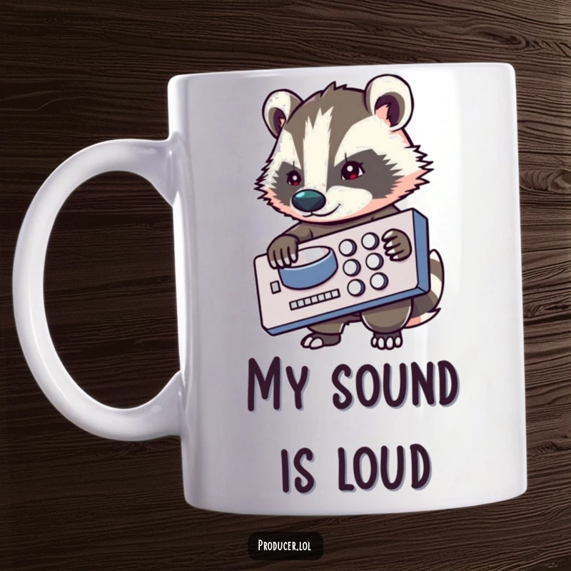 Funny badger DJ mug, intensely focused, holding a giant mixing board, ready to produce epic beats, perfect audio engineer gift.