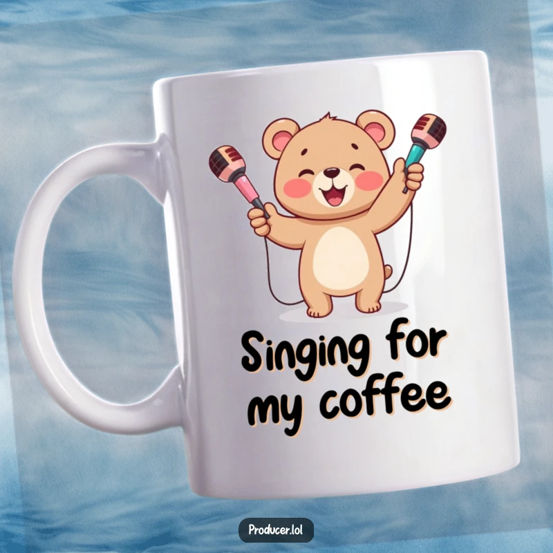 Funny mug showing a happy bear cub beaming and enthusiastically juggling three colorful microphones.