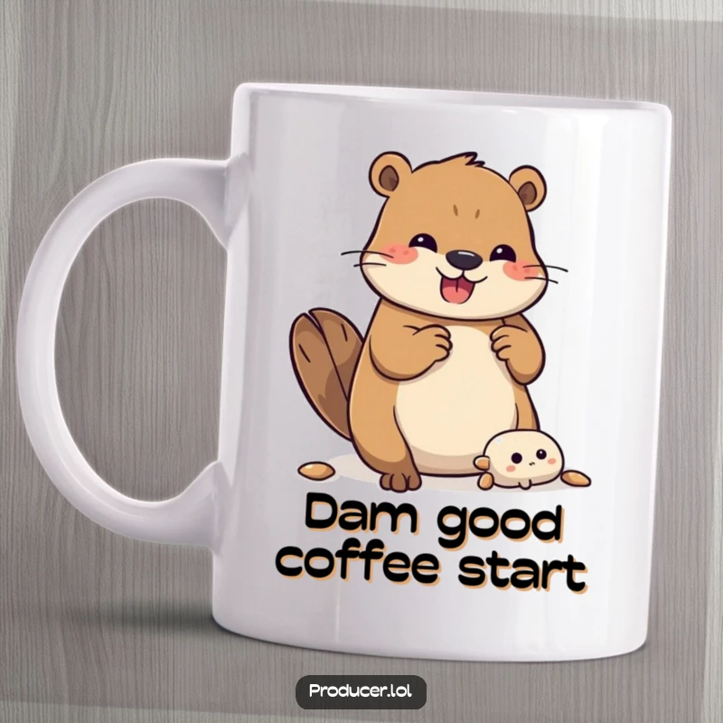 Funny Beaver Mug: A joyful beaver bounces with excitement while diligently assembling a complex structure, showcasing dedication.