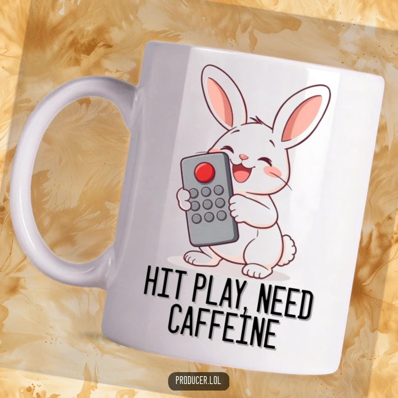 Funny Bunny Button Pusher Mug: A cheerful bunny holds a large remote control and joyfully presses a big red button, symbolizing fun and control.
