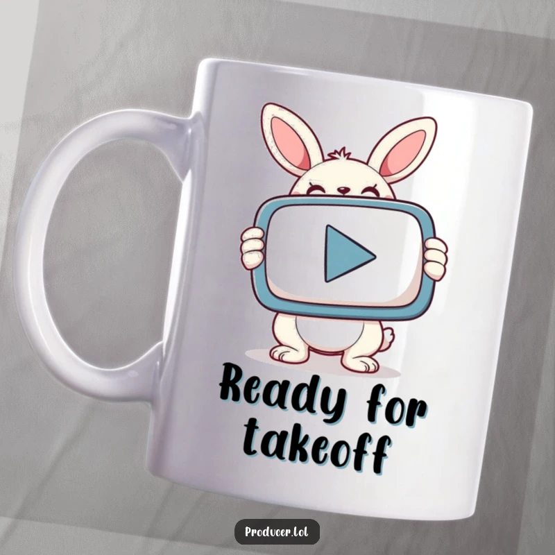 Funny smiling bunny determinedly holding a giant red PLAY button, ready for action on this mug.