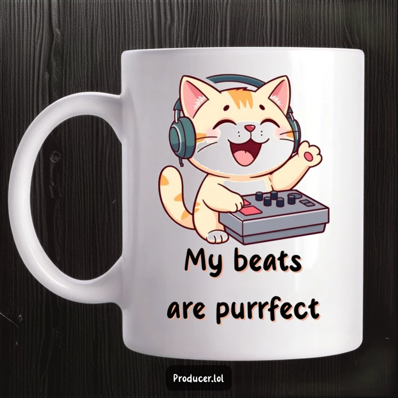 Funny cat DJ mug with headphones, excitedly mixing music, gesturing playfully with a soundboard.