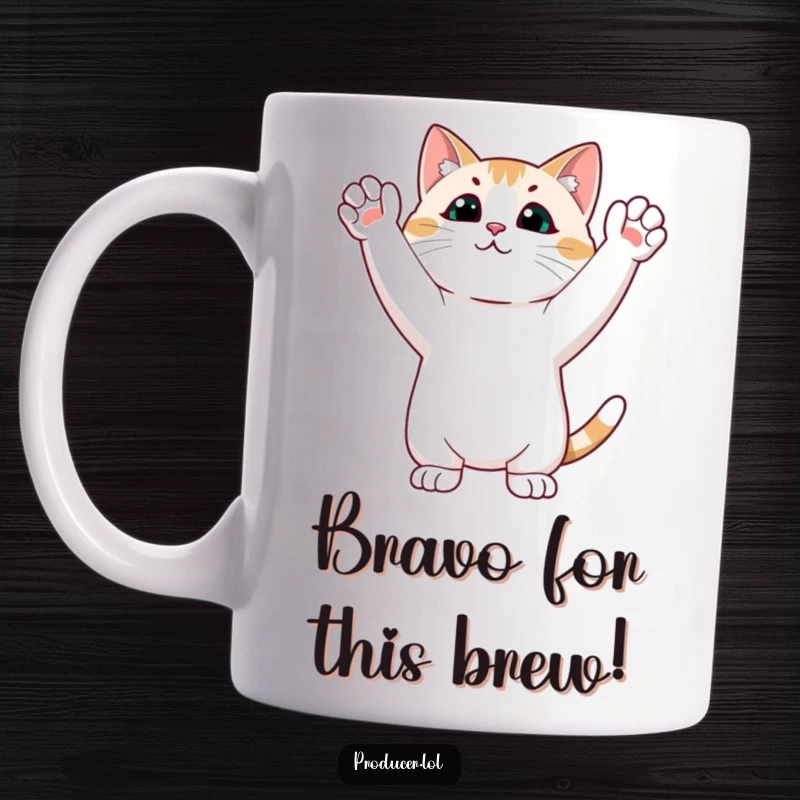 Funny cat mug with a focused feline giving a standing ovation, hands raised in the air in enthusiastic applause.