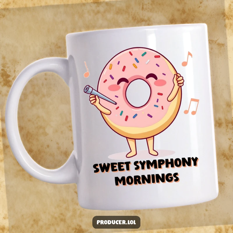 Funny donut conductor mug with a joyful sprinkle-covered donut leading an invisible orchestra with a baton.