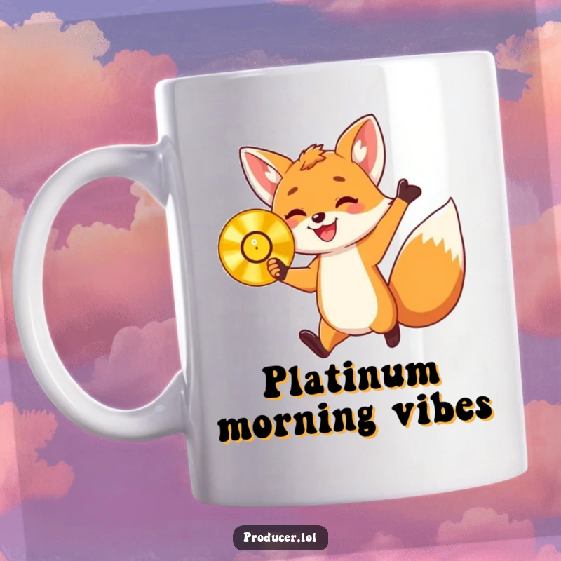 Funny mug with an energetic fox cub holding a golden record and jumping with delight, symbolizing a funny triumph and pure joy.