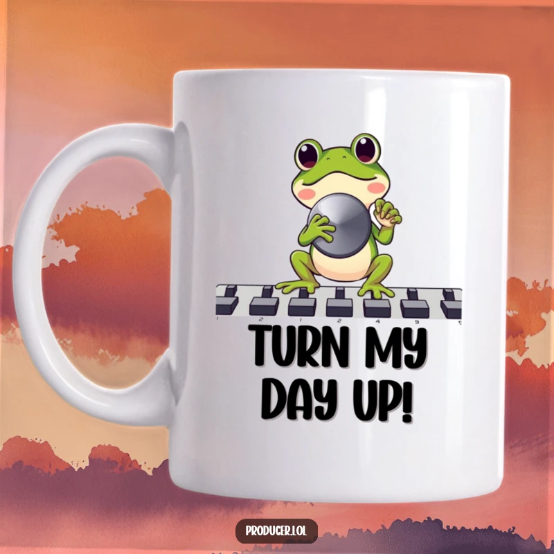 Funny Frog DJ Mug: A joyful frog enthusiastically pushes a giant fader knob, perfect funny gift.