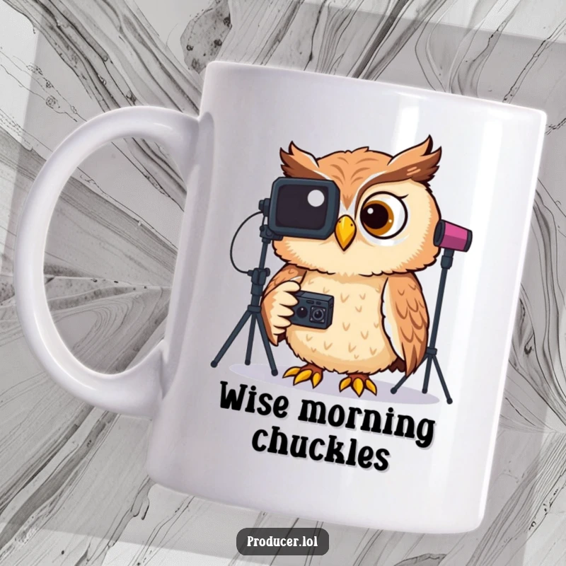 Funny mug featuring a giggling owl wearing headphones, intently reviewing video footage on a studio monitor with a smile.