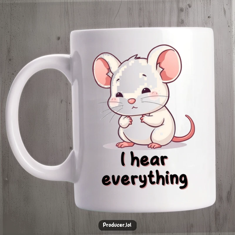 Funny mug showing a tiny, thoughtful mouse listening intently and with great focus, ideal for gift-givers who value attentiveness.