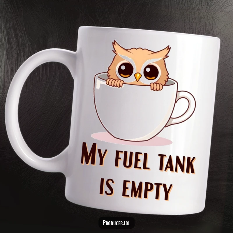 Funny owl mug, curious expression, peeking from behind large empty coffee cup, coffee lover humor.