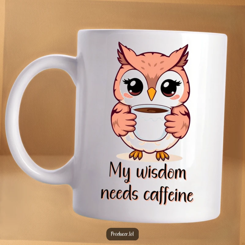 Funny Owl Mug: A happy owl with a wide smile generously offers a steaming cup of coffee, radiating warmth and cheer.