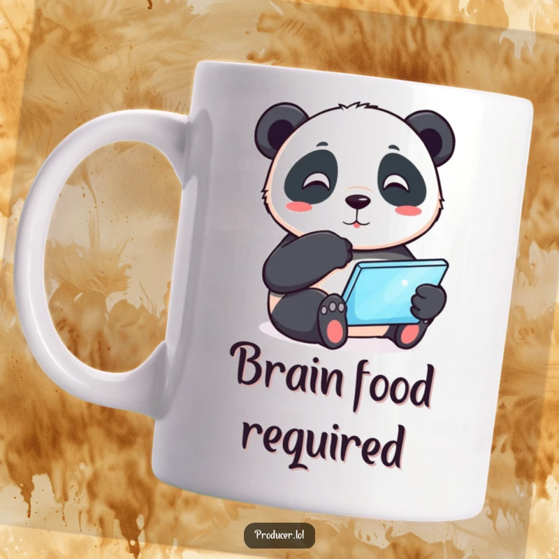 Funny playful panda tapping its chin thoughtfully while holding a glowing tablet, humorous depiction of modern tech use, perfect coffee mug gift.