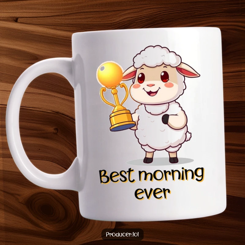 Funny proud cartoon sheep presenting a glowing award statue with a satisfied smile, exuding success and cheerful accomplishment.