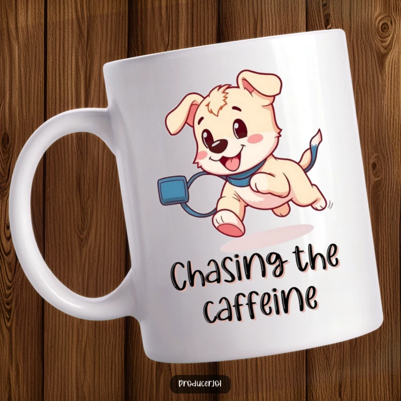 Funny, playful puppy excitedly running with a long roll of film trailing behind it, printed on a mug.