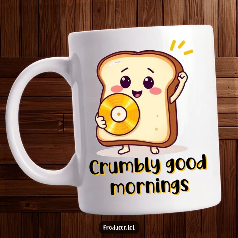 Funny toast mug with a smiling slice of bread holding a golden record, celebrating music and breakfast humor.