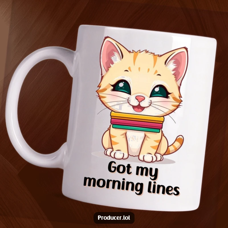 Funny Kitten Mug: A giggling kitten balancing colorful cue cards on its nose, ready for its next act, a humorous gift.