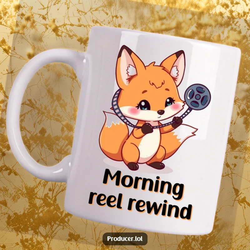 Funny playful fox spinning a film reel on one claw, a whimsical and humorous mug design for movie enthusiasts.
