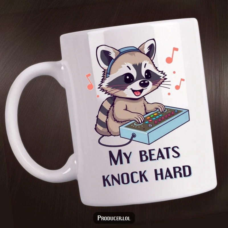 Funny Raccoon DJ Mug: Adorable raccoon enthusiastically mixing sounds at a music console, perfect for music producers and animal lovers.