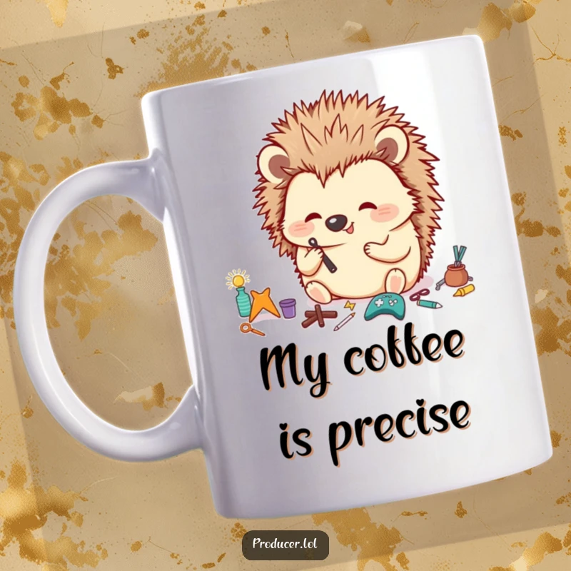Funny Hedgehog Organizer Mug showing a happy hedgehog meticulously organizing tiny props with a focused look, perfect gift.