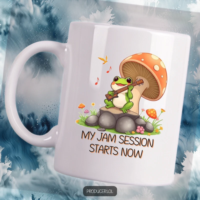 Funny Frog Symphony Mug: A joyful frog plays music from a giant mushroom, a whimsical and hilarious scene for any coffee lover.