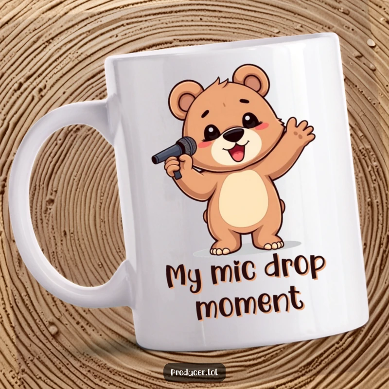 Funny Bear Cub Mug: A proud, dramatic bear cub holding a microphone, ready to sing its heart out, a hilarious gift.