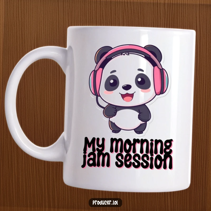 Funny Panda DJ Mug: A smiling panda with headphones bops head to music, perfect funny gift.