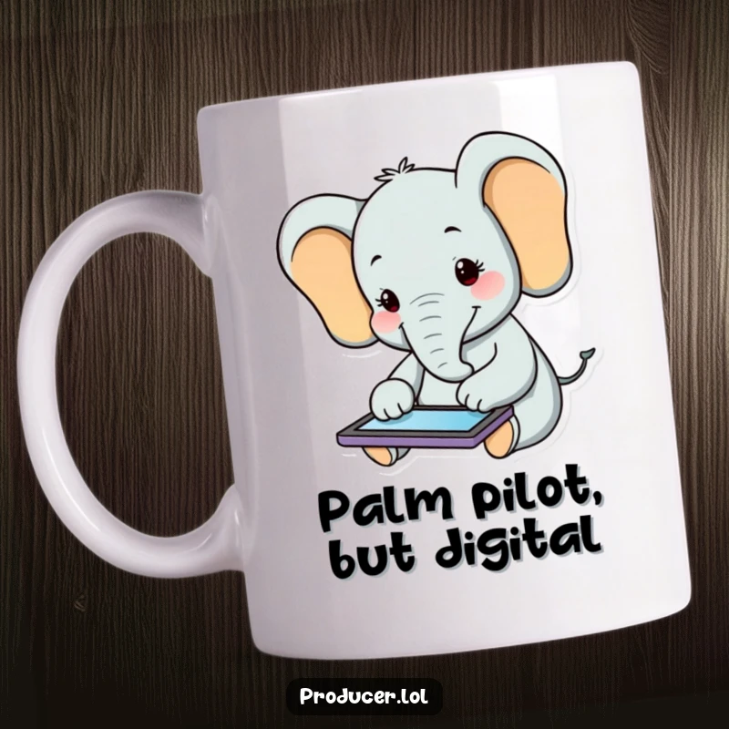 Funny Elephant Mug: A smiling elephant happily taps on a tablet, showcasing a peaceful and joyful digital experience.