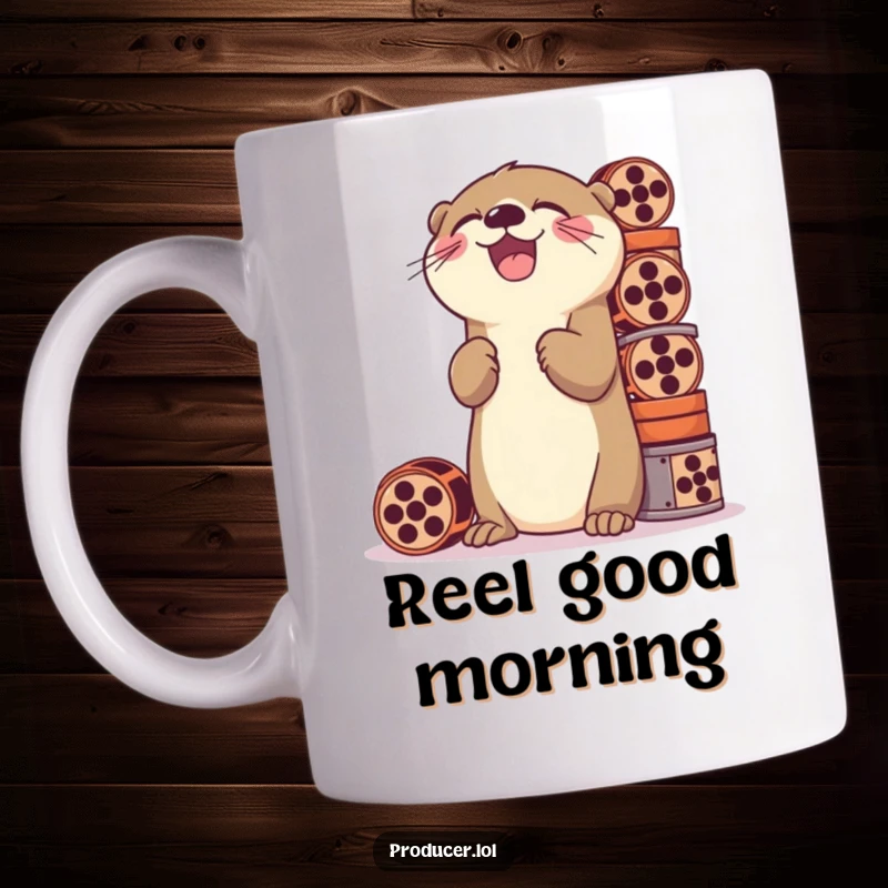 Funny mug showing a happy otter laughing heartily while precariously stacking a tall pile of film reels, embodying cinematic joy.