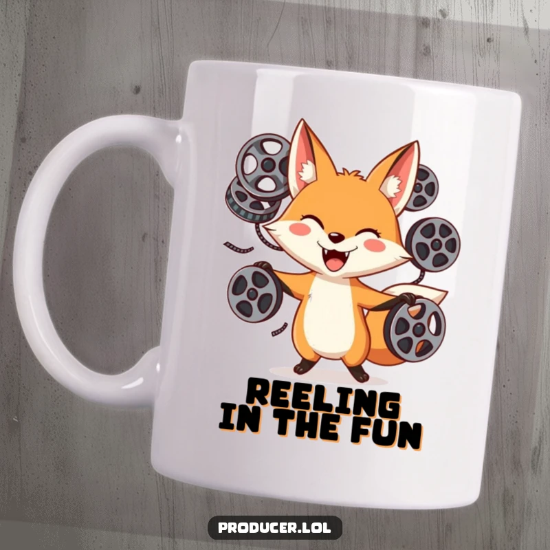 Funny Juggling Fox Mug: A playful fox with a goofy grin juggles multiple film reels, celebrating the fun of filmmaking and cinema.