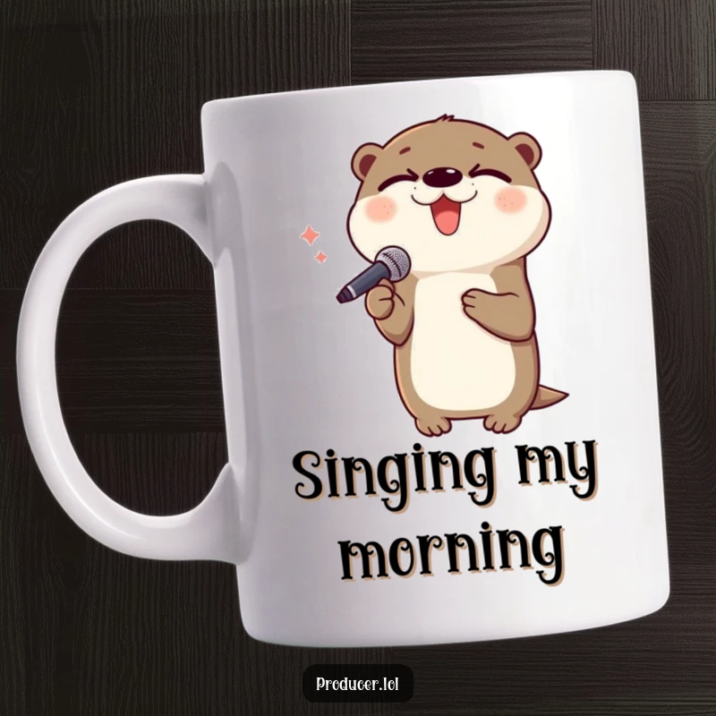 Funny otter singing mug, holding microphone, eyes closed in delight, passionate performer, great gift for singers.