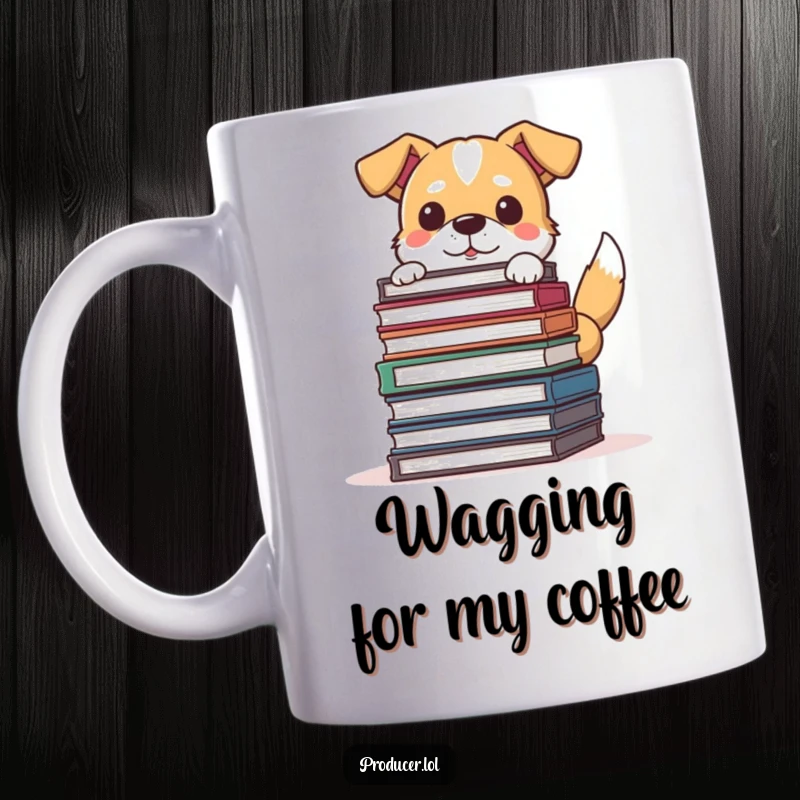 Funny Dog Filmmaker Mug: A determined dog peeks from storyboards, tail wagging with excitement, perfect funny gift.