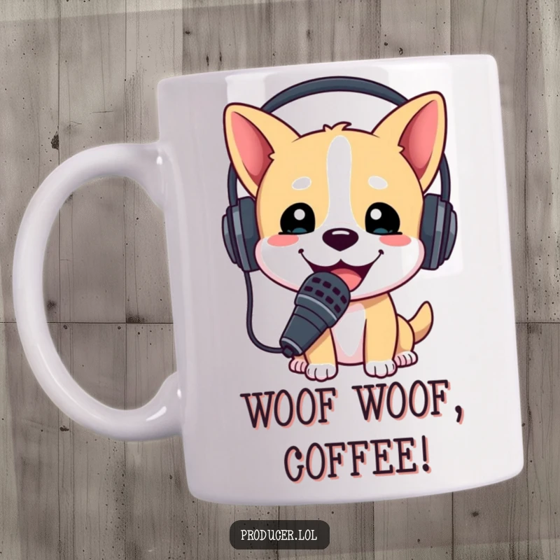 Funny mug featuring a happy dog wearing a headset, holding a microphone enthusiastically, ready to talk or sing.