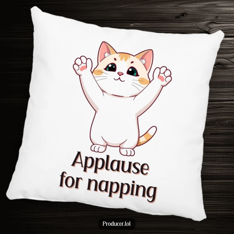 Funny cat pillow with a cat in a standing ovation pose, paws in the air, adding a humorous touch to decor.
