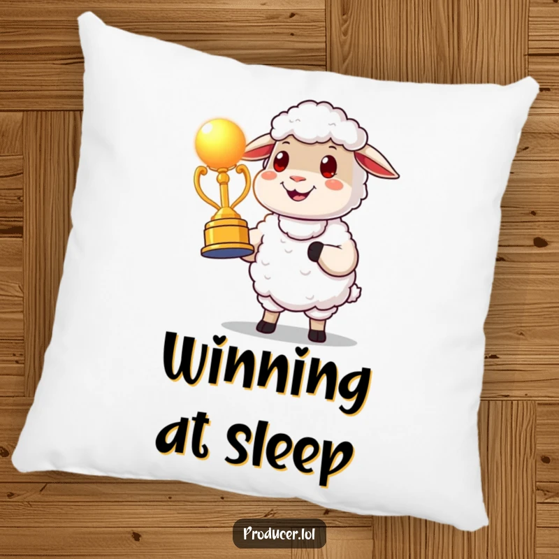 Funny proud sheep award character pillow, depicted holding a glowing award statue, offering plush comfort and celebratory charm.