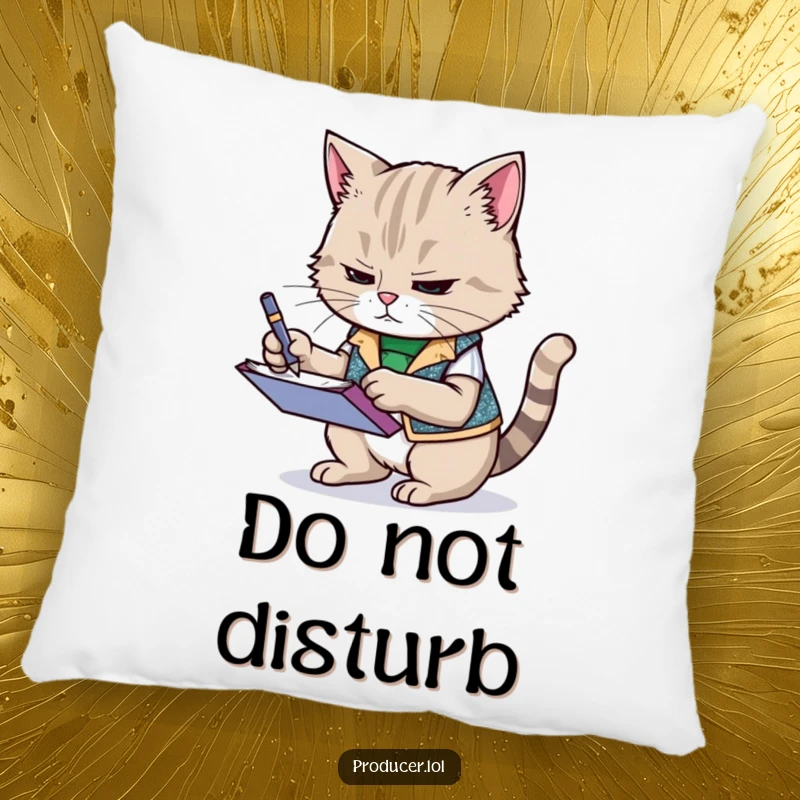 Funny cat wearing a sparkly vest, frantically scribbling notes on a notepad, soft decorative pillow, humorous accent for couch or bed.