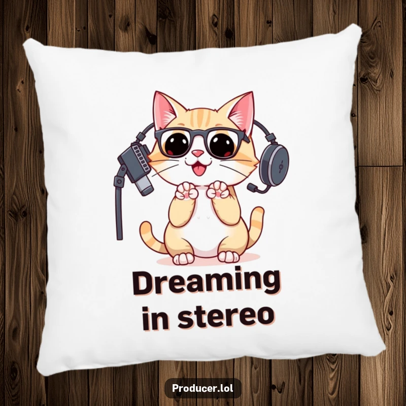 Soft pillow showcasing a funny cat DJ in headphones enthusiastically clapping paws, adding humor to decor.