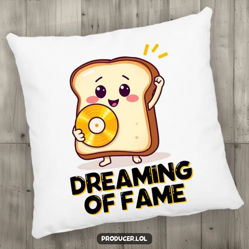 Funny toast record pillow, a soft cushion with a smiling bread slice holding a golden record, offering comfort and humor.
