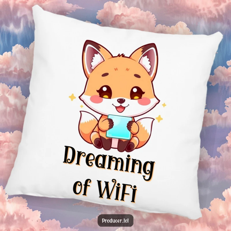 Funny Fox Tech Pillow: A playful fox smiles contentedly, captivated by a glowing screen, offering comfort and a humorous touch to decor.