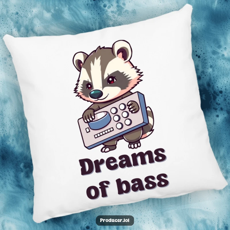 Funny badger pillow, resting on mixing board, music producer decor, comfortable and humorous, ideal for studios.