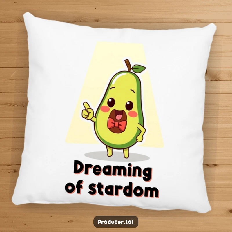 Funny avocado star pillow, a soft cushion with a dapper avocado wearing a bow tie pointing at a spotlight, offering comfort and humor.