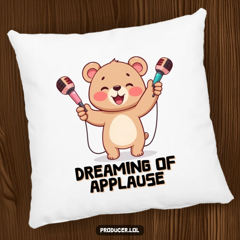 Funny pillow showing a happy bear cub beaming and juggling three colorful microphones, perfect for lounging.