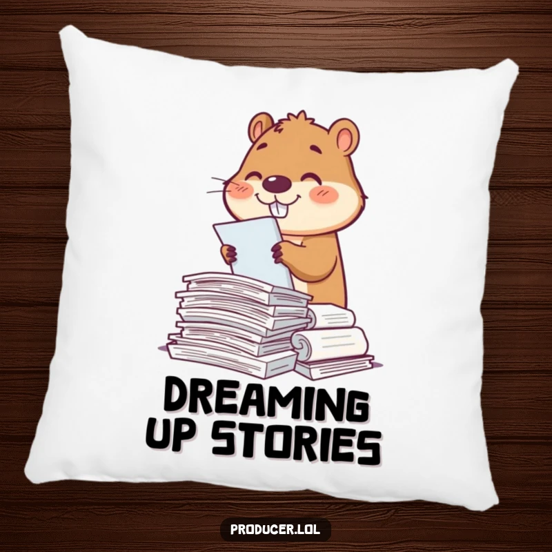 Funny beaver character resting on a plush pillow, smiling while surrounded by scripts, embodying cozy organization.