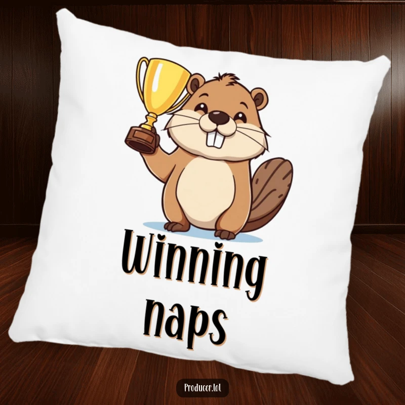 Funny pillow featuring a proud beaver holding a trophy, offering cozy comfort and a charmingly victorious vibe.