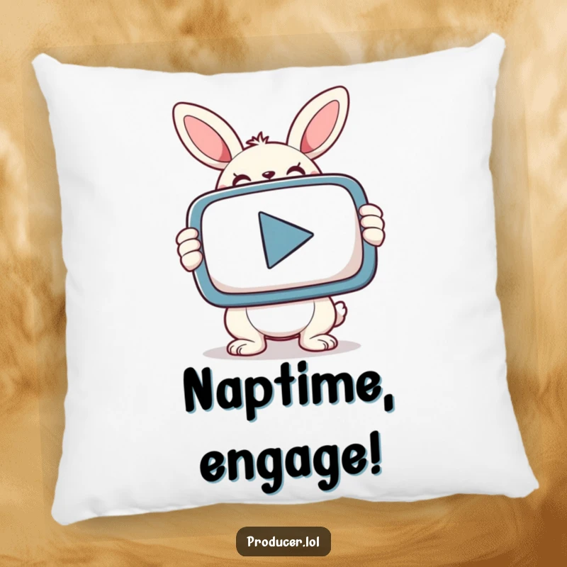 Soft pillow with a smiling bunny holding a giant PLAY button, conveying determination and fun.